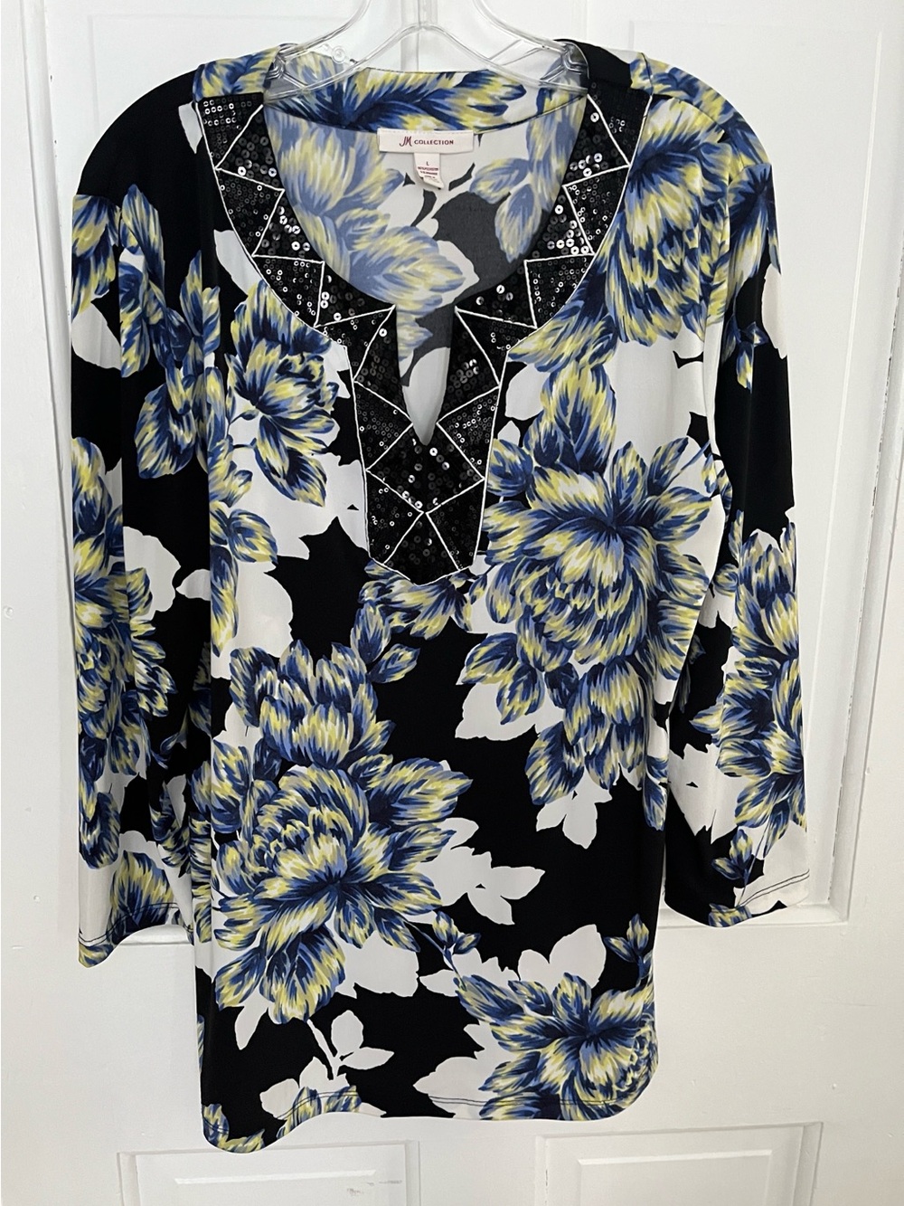 JM Collection Large Knit Top Blue Black Yellow White Multicolors Floral